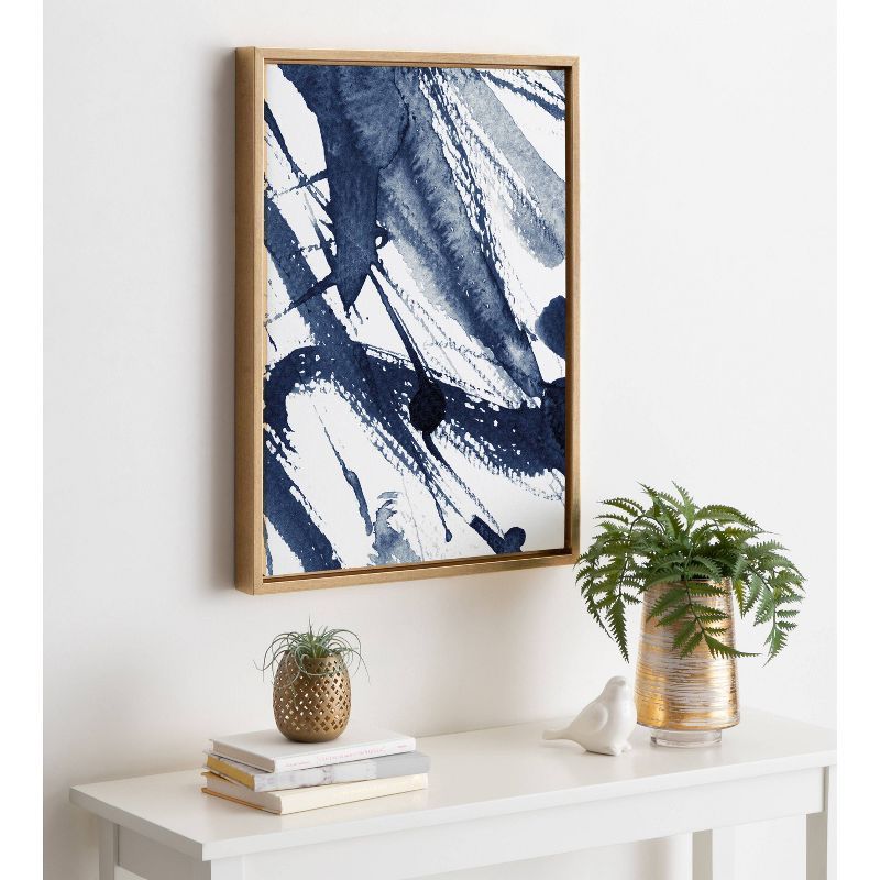 Indigo Watercolor Abstract Canvas Art with Gold Frame