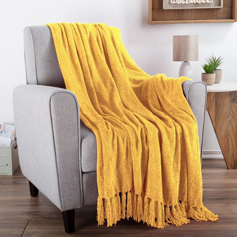 Primrose Gold Oversized Knitted Chenille Throw Blanket