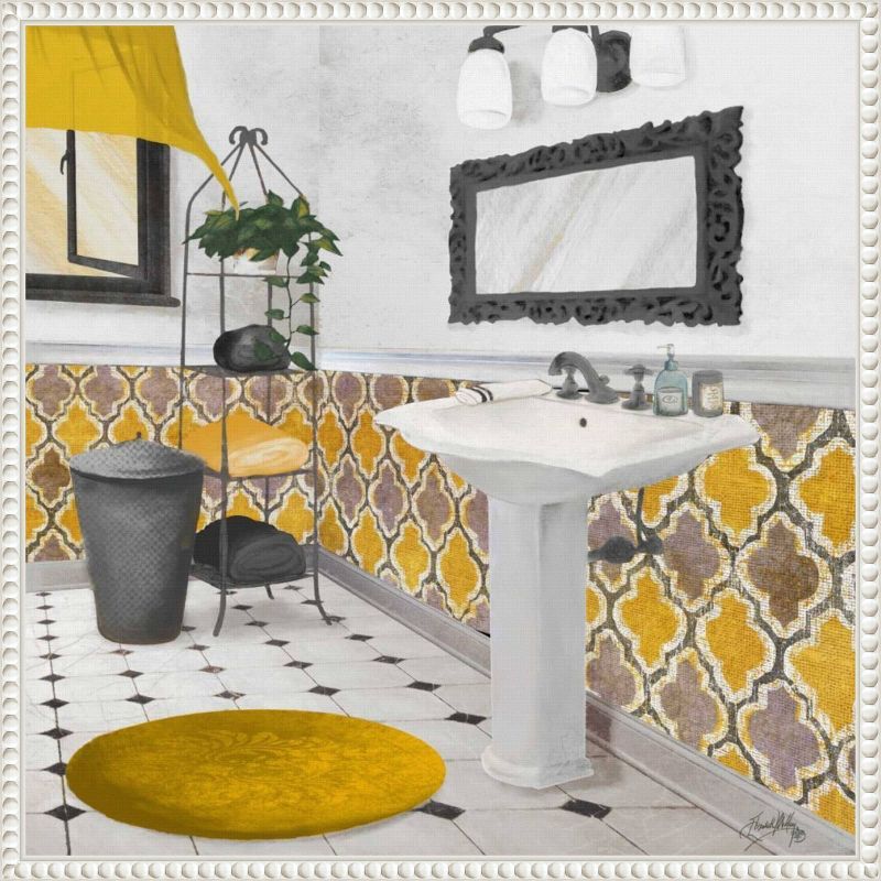 Yellow and Gray Bathroom Framed Canvas Wall Art