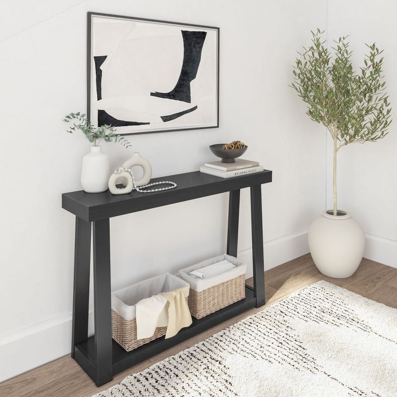 Black Solid Pine Wood Console Table with Storage Shelf, 46.25 Inch
