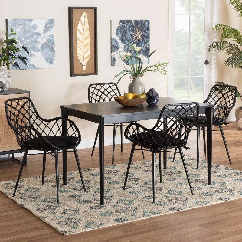 Black Wood and Rattan 5-Piece Dining Set with Cushions