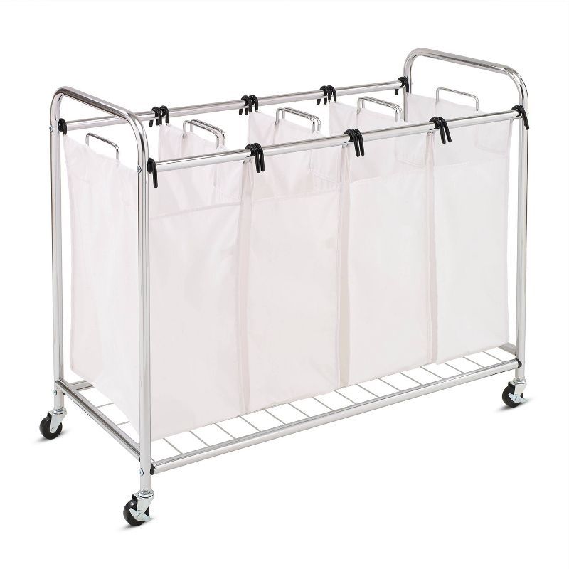 Chrome Quad Laundry Sorter with White Bags and Wheels