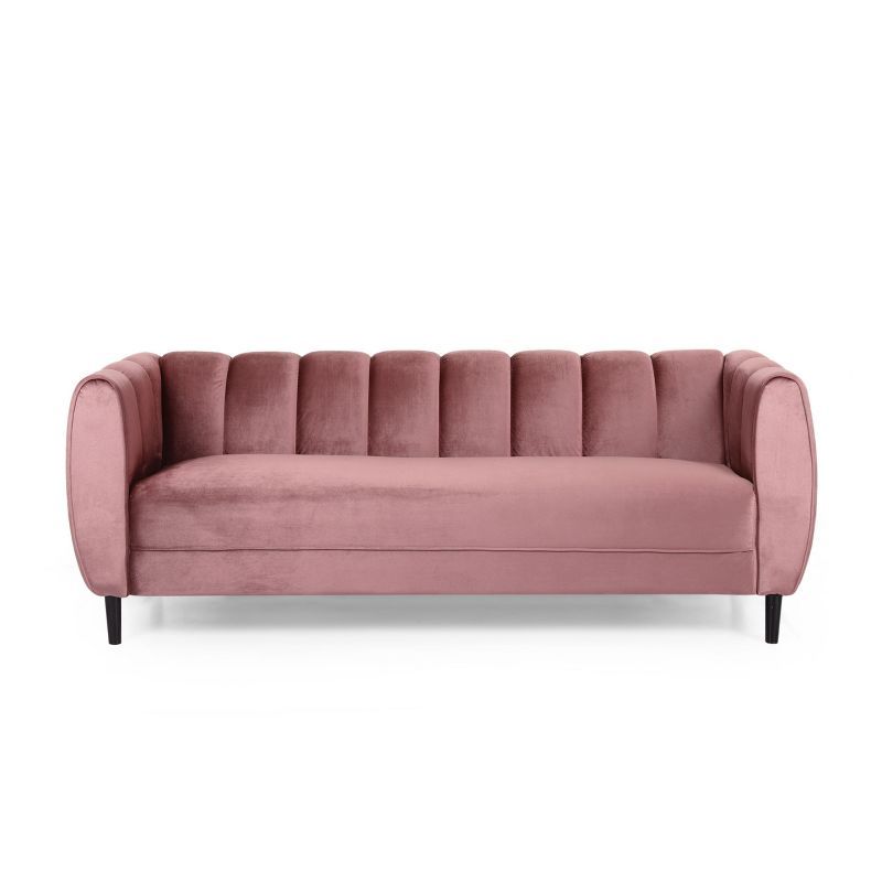 Blush Velvet Tufted 3-Seater Sofa with Dark Brown Legs