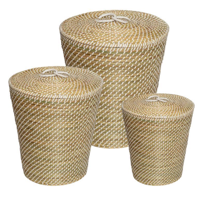 Natural Seagrass Round Nesting Storage Basket Set with Lids