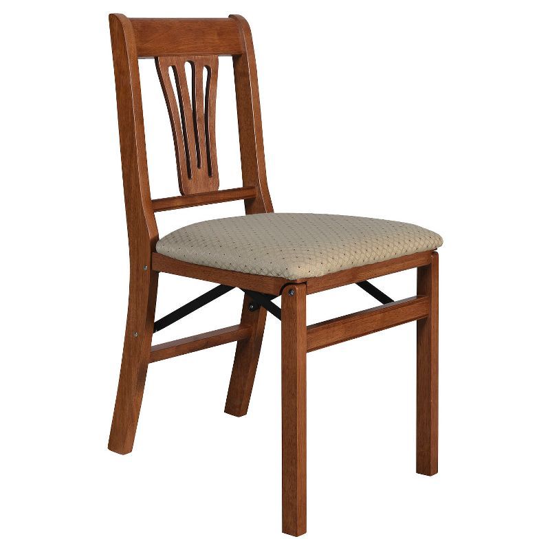 Set of 2 Brown Wood Folding Chairs with Upholstered Seat