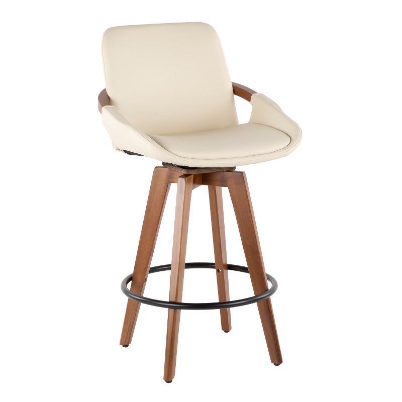 Cream Faux Leather Walnut Swivel Counter Stool