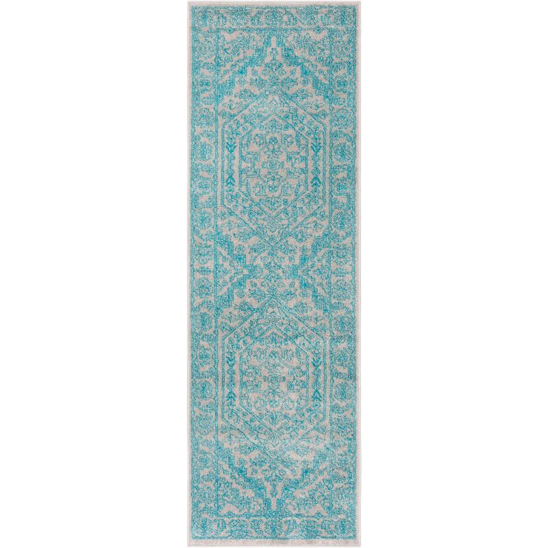 Light Grey and Teal Synthetic Medallion Runner Rug