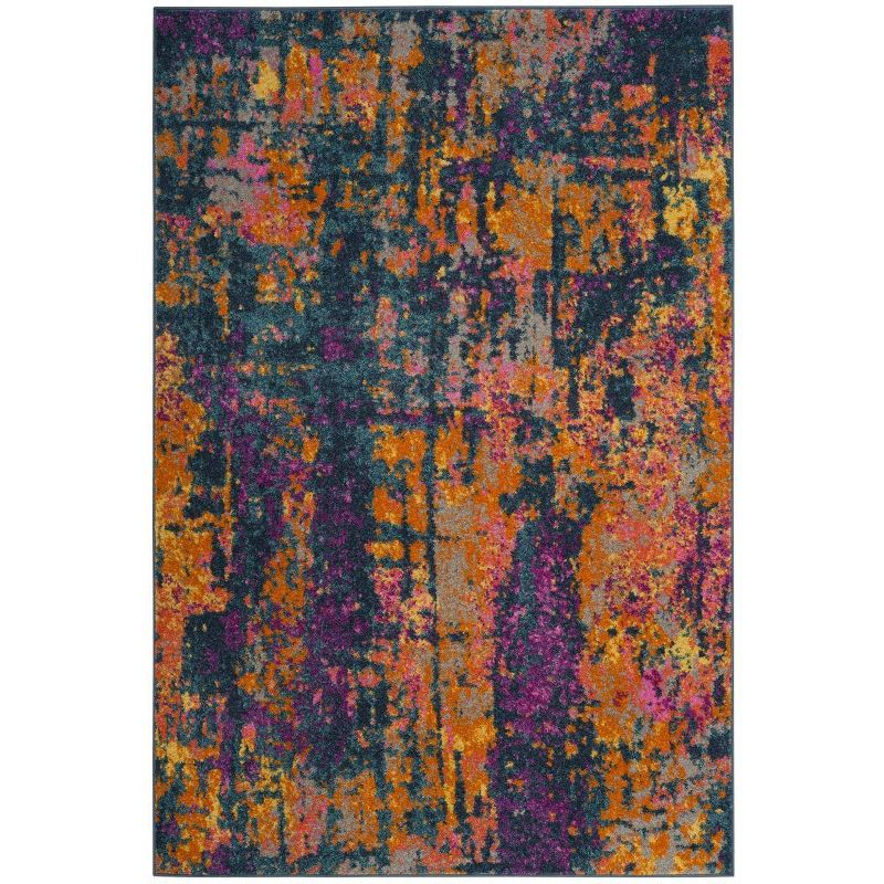 Blue and Orange Abstract Synthetic Area Rug