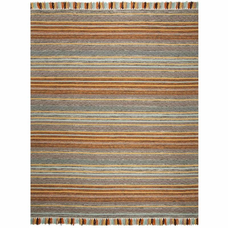 Turquoise and Brown Handwoven Cotton Striped 8' x 10' Area Rug