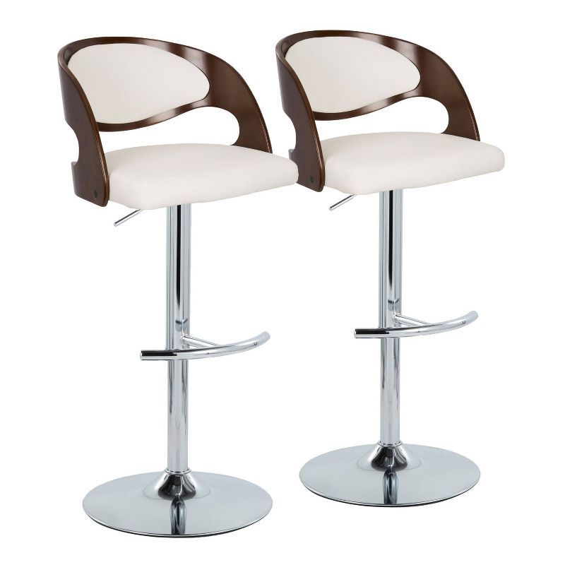 Set of 2 White Faux Leather and Cherry Wood Adjustable Swivel Barstools