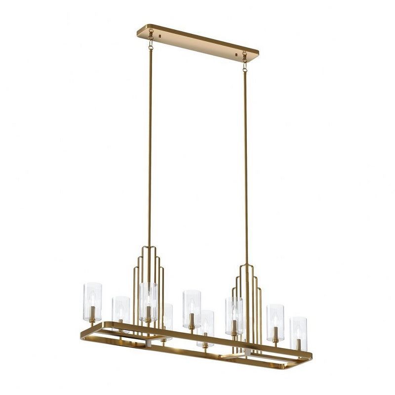 Kimrose Brushed Brass 10-Light Linear Chandelier with Clear Fluted Glass