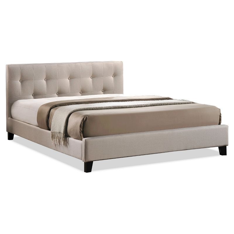 Elegant Annette Queen Platform Bed with Linen Upholstery in Light Beige