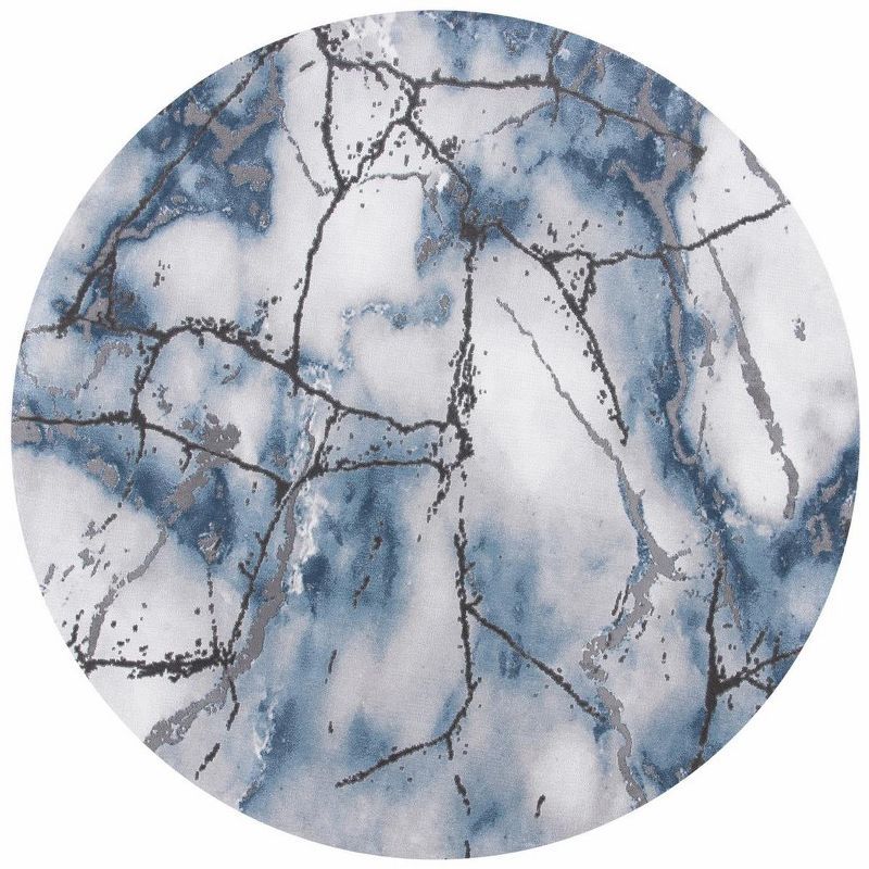 Gray and Blue Round Abstract Hand-Knotted Area Rug