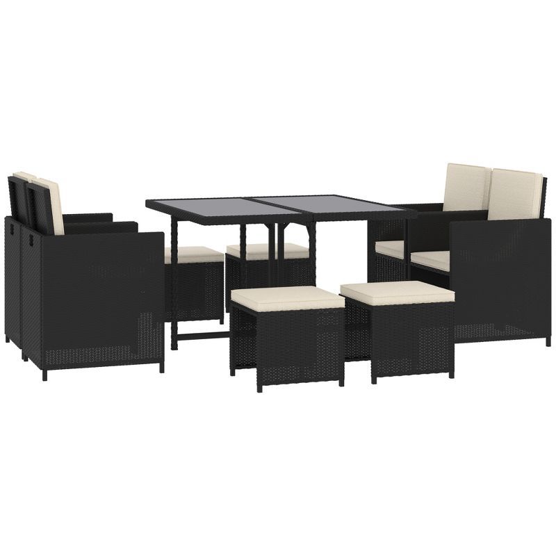 Compact 9-Piece Black Wicker Outdoor Dining Set with Cream Cushions