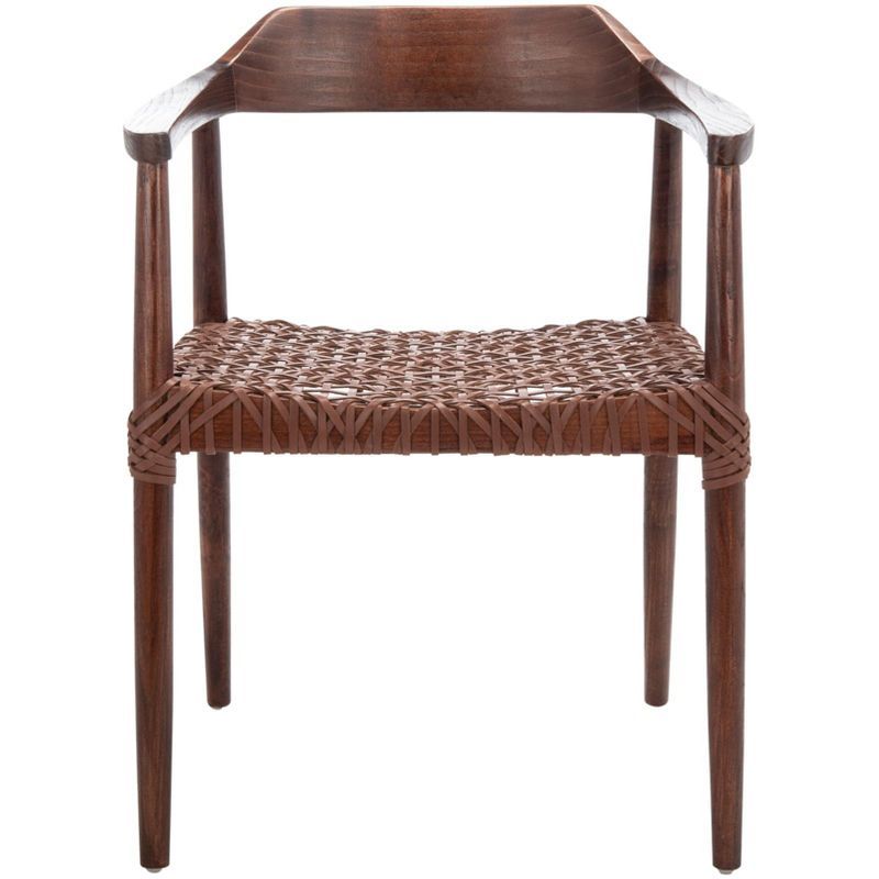Walnut-Cognac Mid-Century Leather Woven Accent Chair