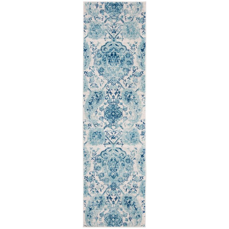 Cream and Turquoise Synthetic Hand-Knotted Runner Rug