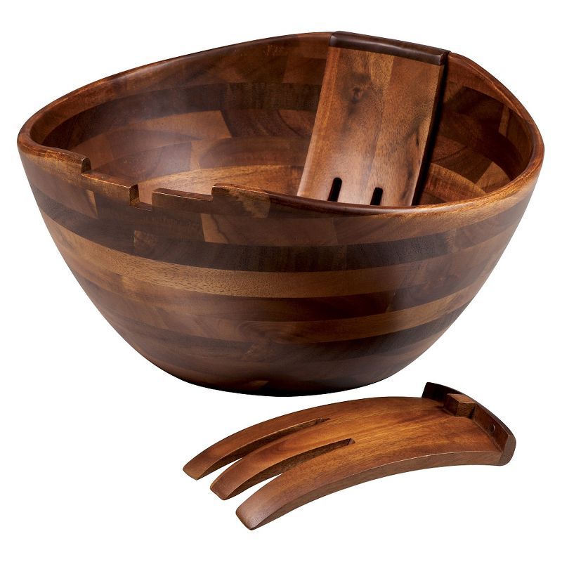 Acacia Wood Salad Bowl with Integrated Tossing Tools