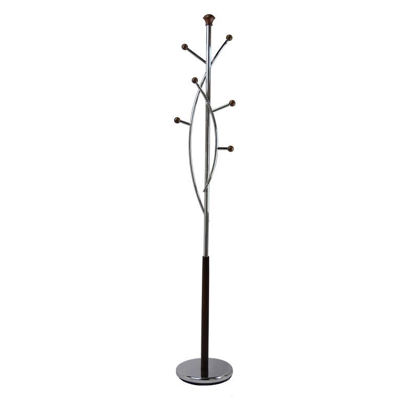 68" Chrome and Walnut Freestanding Metal Coat Rack with 6 Hooks