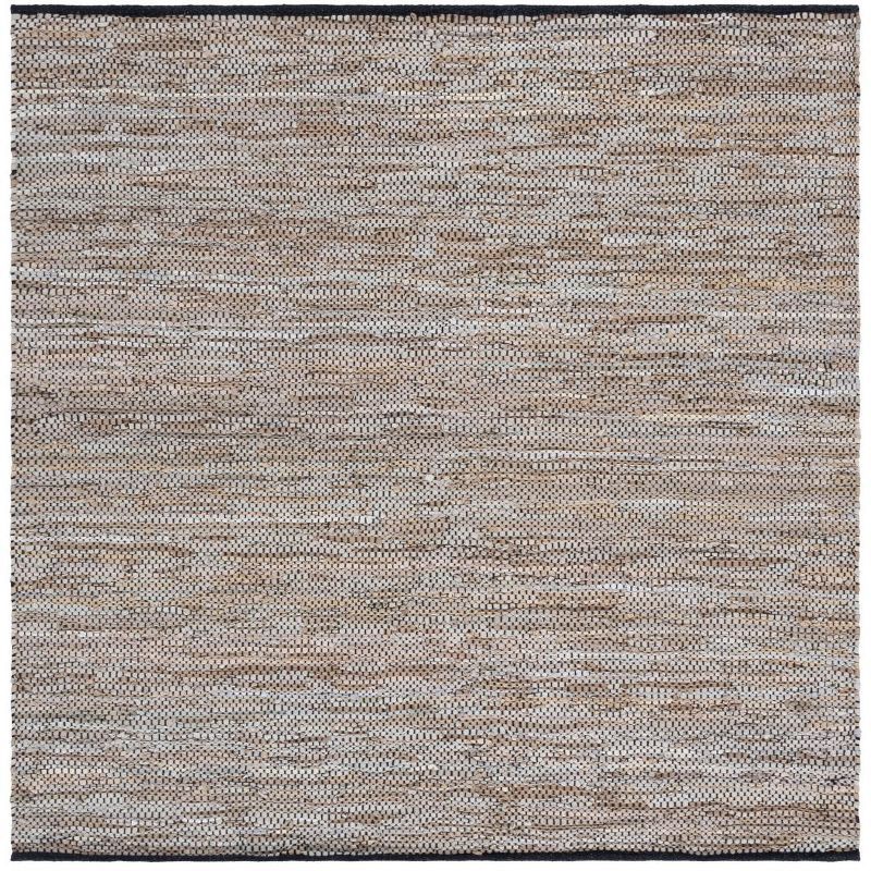 Beige 6' Square Handmade Leather Flat Woven Area Rug