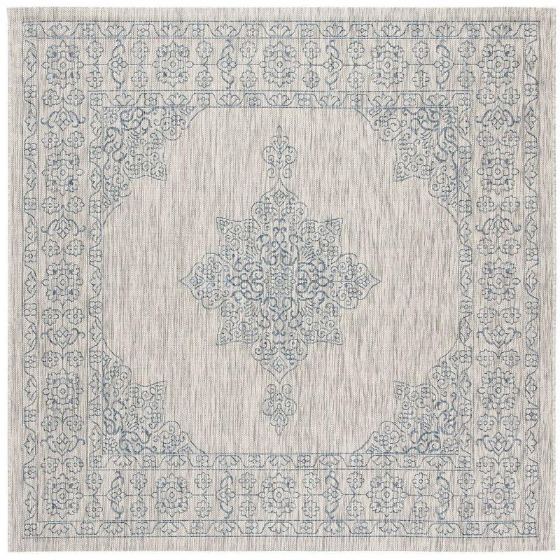 Sleek Gray/Navy Synthetic 6'7" Square Indoor/Outdoor Rug