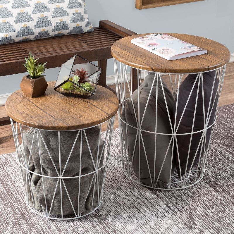 Round Wood and Metal Nesting Side Tables with Storage