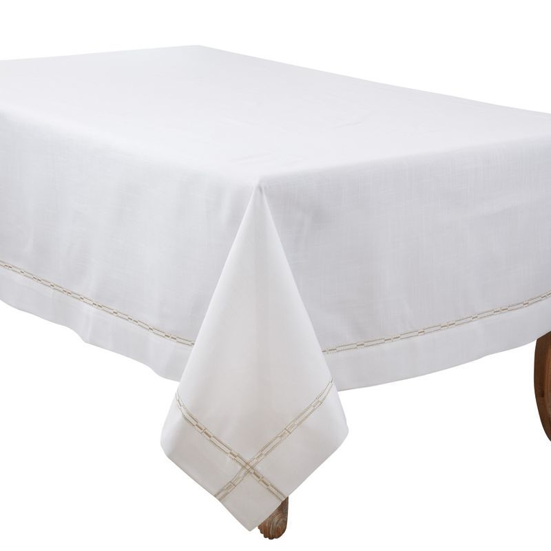 Elegant White Tablecloth with Gold Embroidered Border, 72" x 180"