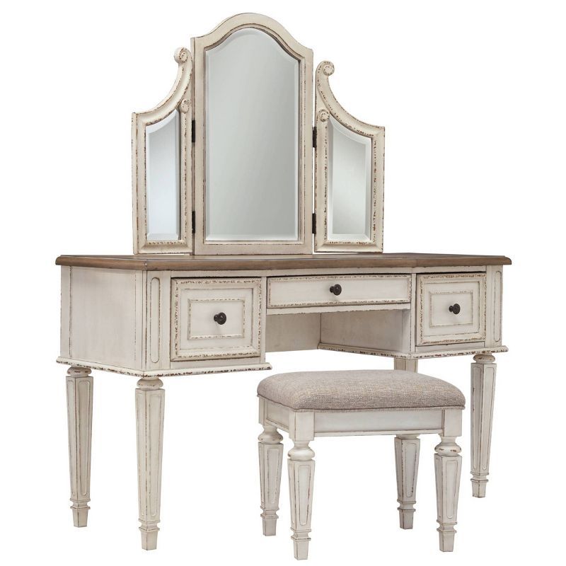 Rustic White 3-Drawer Vanity Set with Bench and Mirror