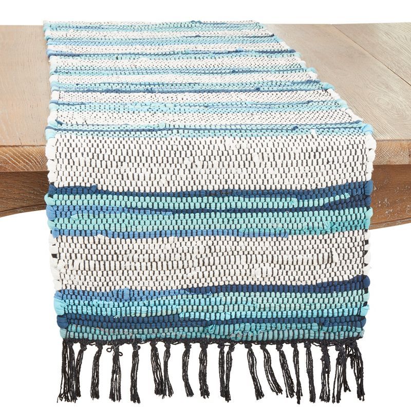 Boho Chic Blue and White Cotton Chindi Table Runner with Fringe