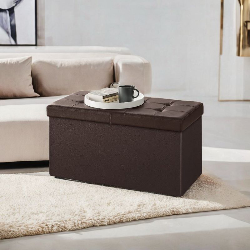 Brown Faux Leather Folding Storage Ottoman Bench with Flipping Lid, 30 Inches