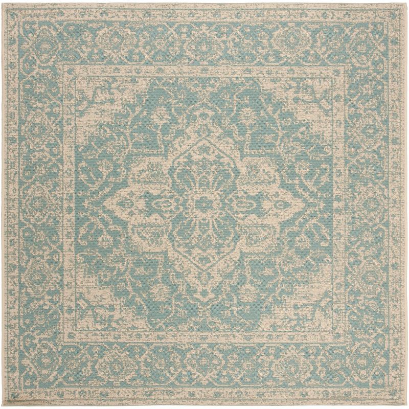 Aqua and Cream Square Synthetic Indoor/Outdoor Area Rug