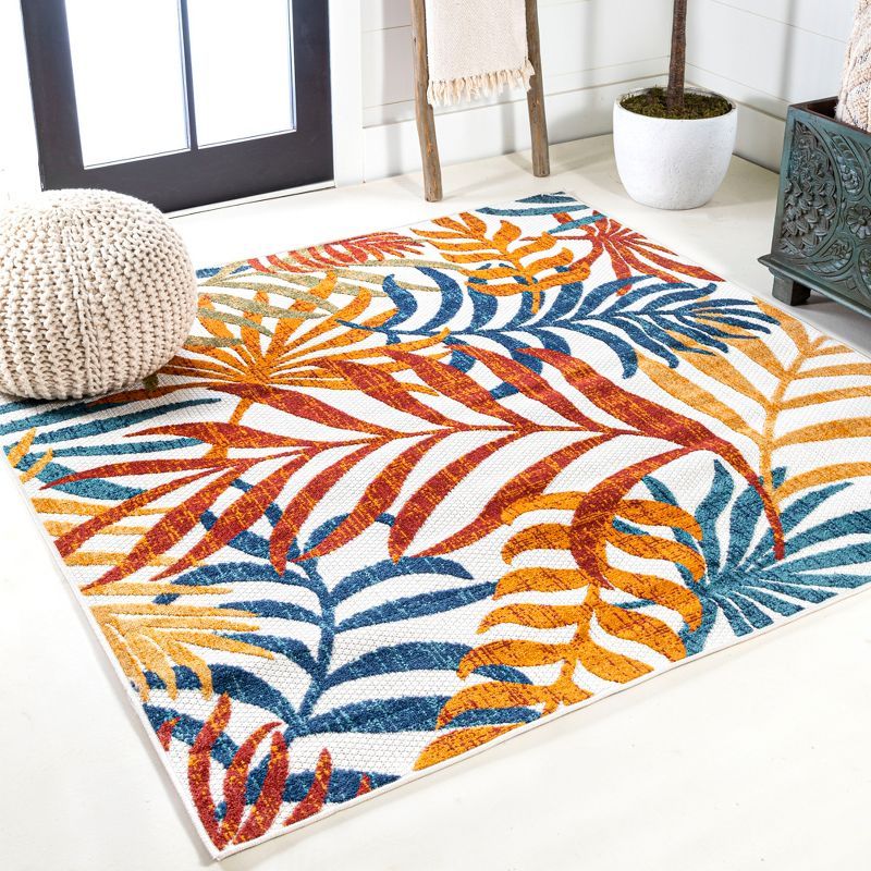 Tropical Palms Blue and Orange 5' Square Indoor/Outdoor Rug