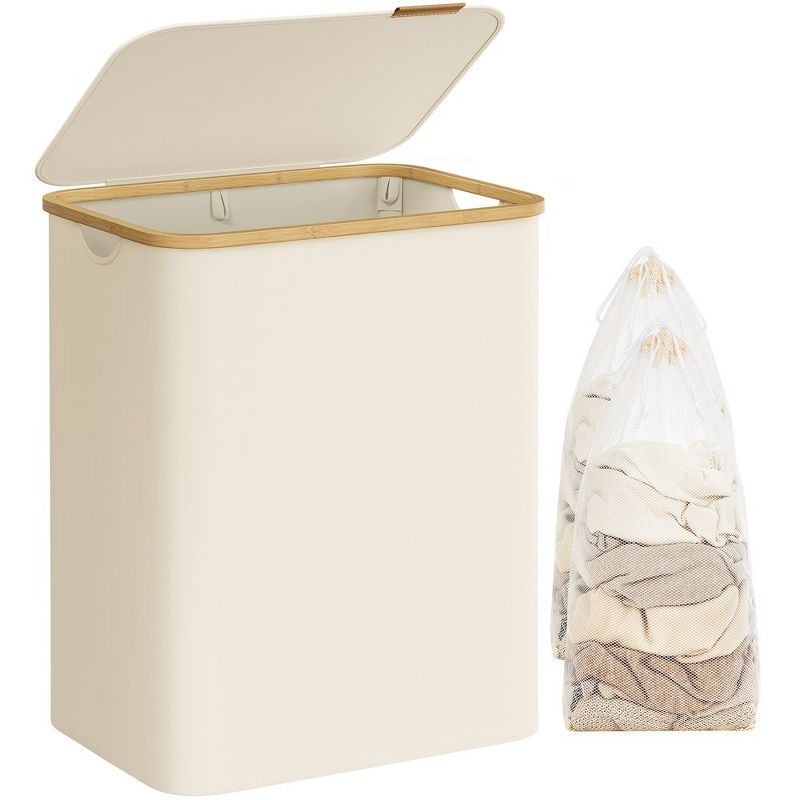 Cream White Collapsible 3-Section Laundry Hamper with Bamboo Lid