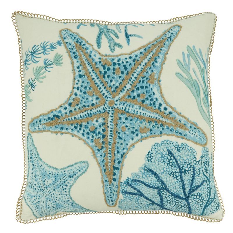 Aqua and Beige Starfish Design Square Throw Pillow