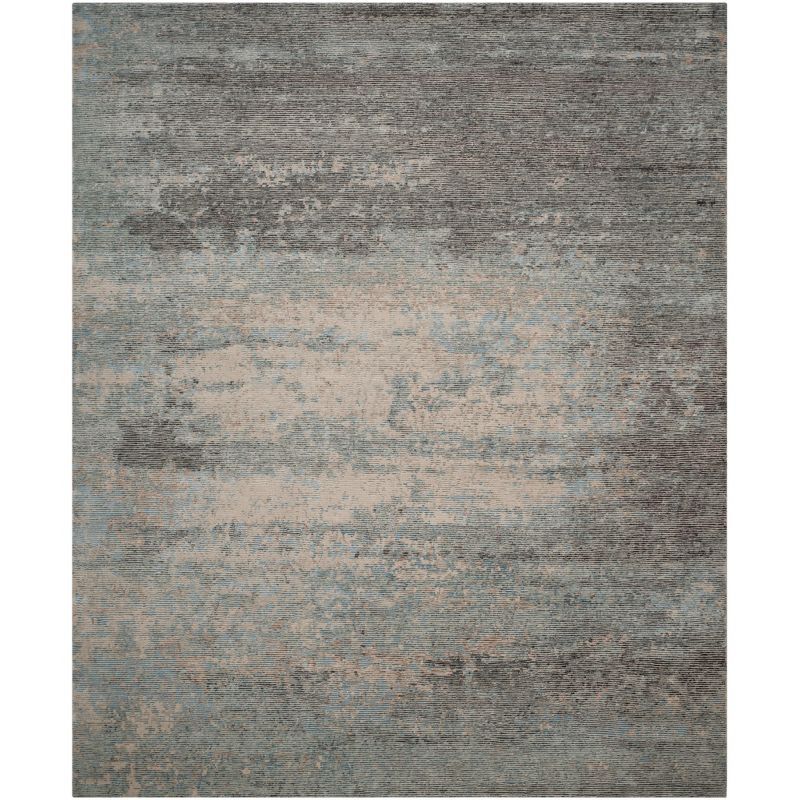 Hand-Knotted Blue and Silver Abstract Wool 8' x 10' Rug