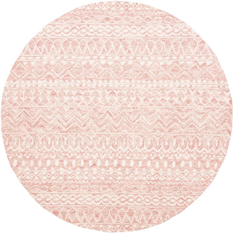 Handmade Geometric Tufted Wool Round Rug in Pink/Ivory, 5' x 5'