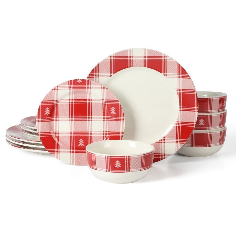 Red and White Plaid Ceramic Holiday Dinnerware Set, Service for 4