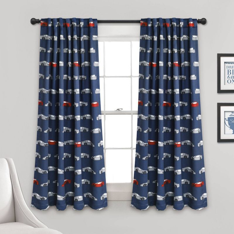 Navy Polyester Kids' Race Car Blackout Curtain Panels