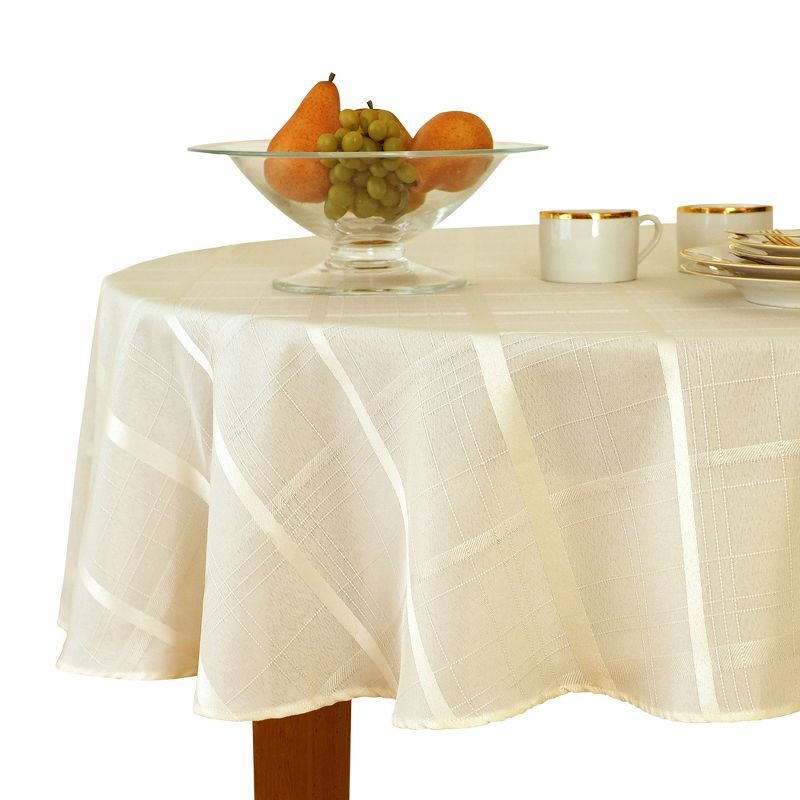 Beige Round Stain-Resistant Fabric Tablecloth with Plaid Design