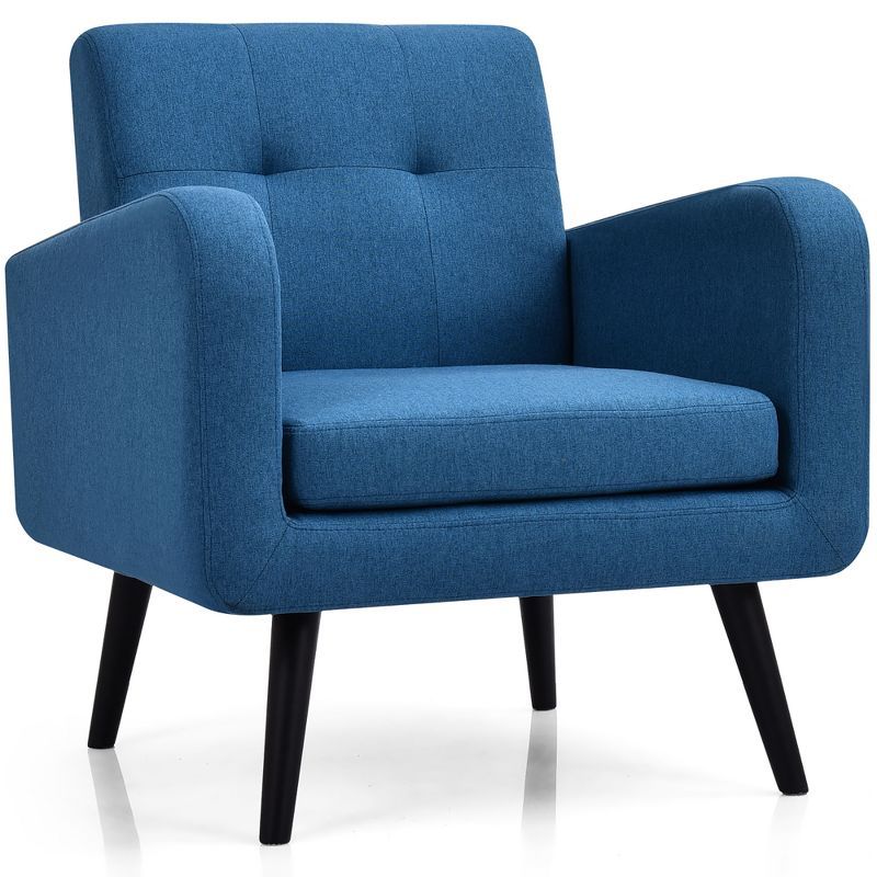 Blue Linen Tufted Back Armchair with Rubber Wood Legs