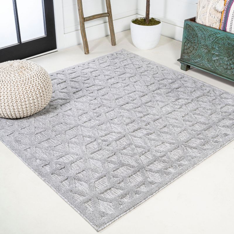 Elysian Light Gray Geometric Square Synthetic Indoor/Outdoor Rug