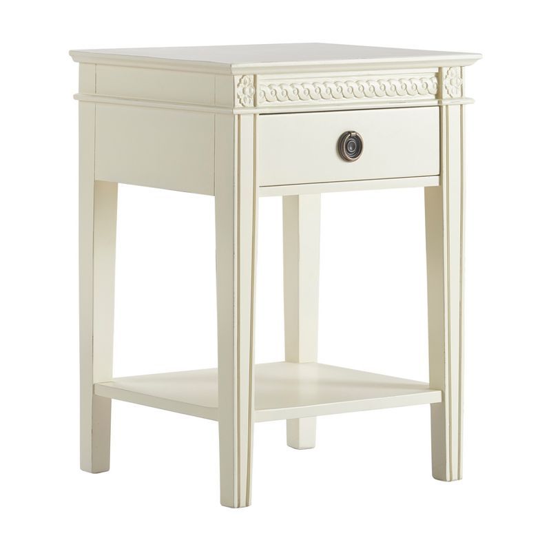 Vintage Cream Wood End Table with Storage Drawer