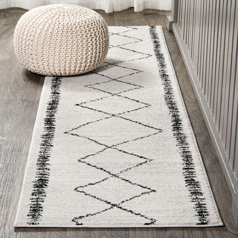 Cream and Black Geometric Synthetic Runner Rug, 2'-3" x 8'