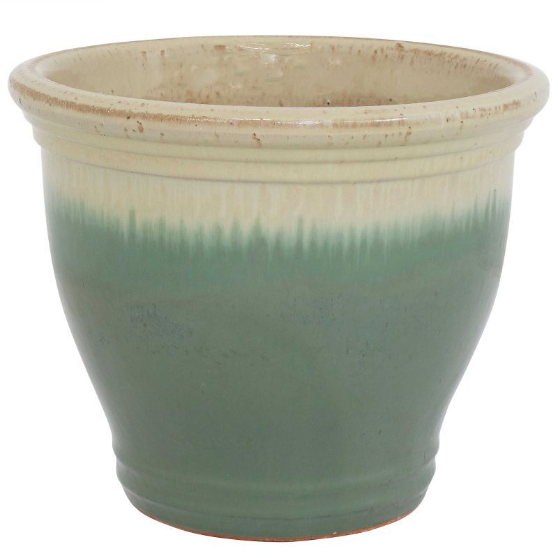 Seafoam and Beige Glazed Ceramic 15" Planter with Drainage Holes