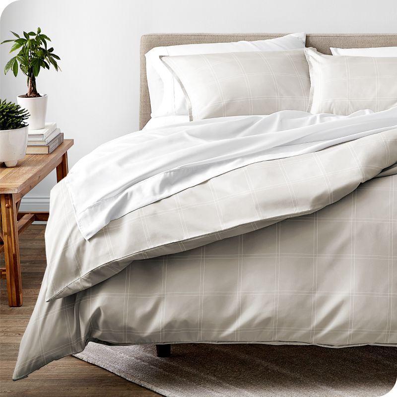 Queen Stone and White Plaid Microfiber Duvet Cover Set