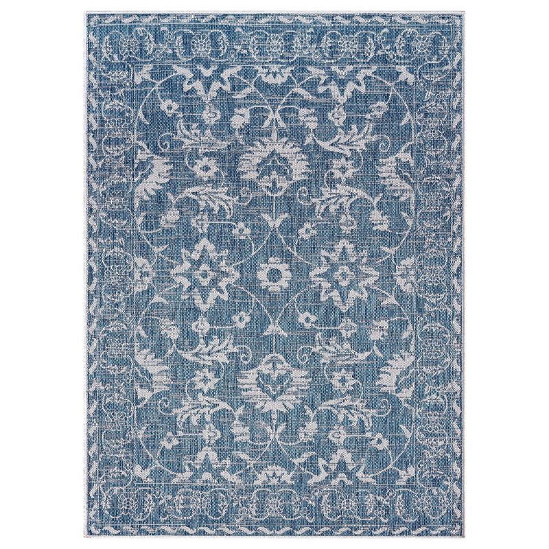 Aqua Blue Floral Damask Indoor/Outdoor Area Rug