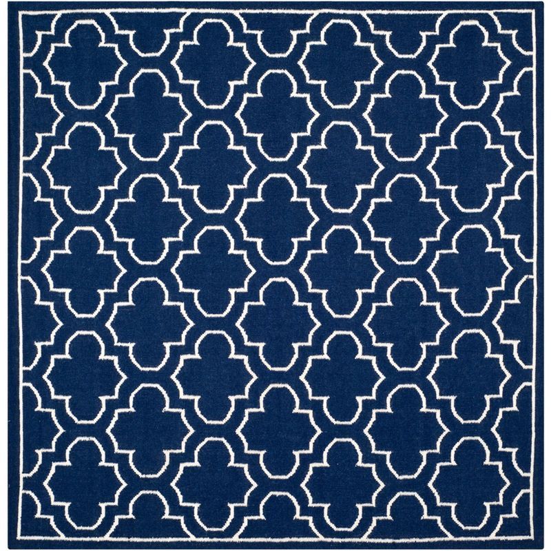Handwoven Navy/Ivory Geometric Square Wool & Silk Rug, 7' x 7'