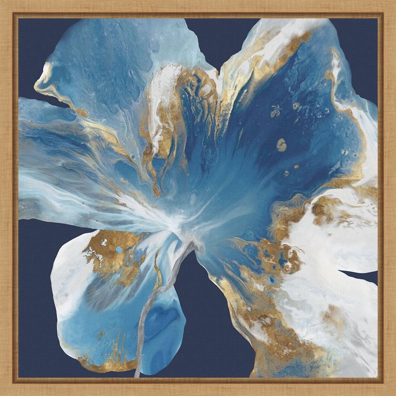 Blue and Gold Abstract Flower Canvas Print with Wood Frame