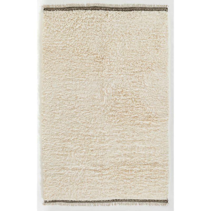 Ivory Handwoven Wool Shag Rug with Tassel Fringe, 5 ft x 8 ft