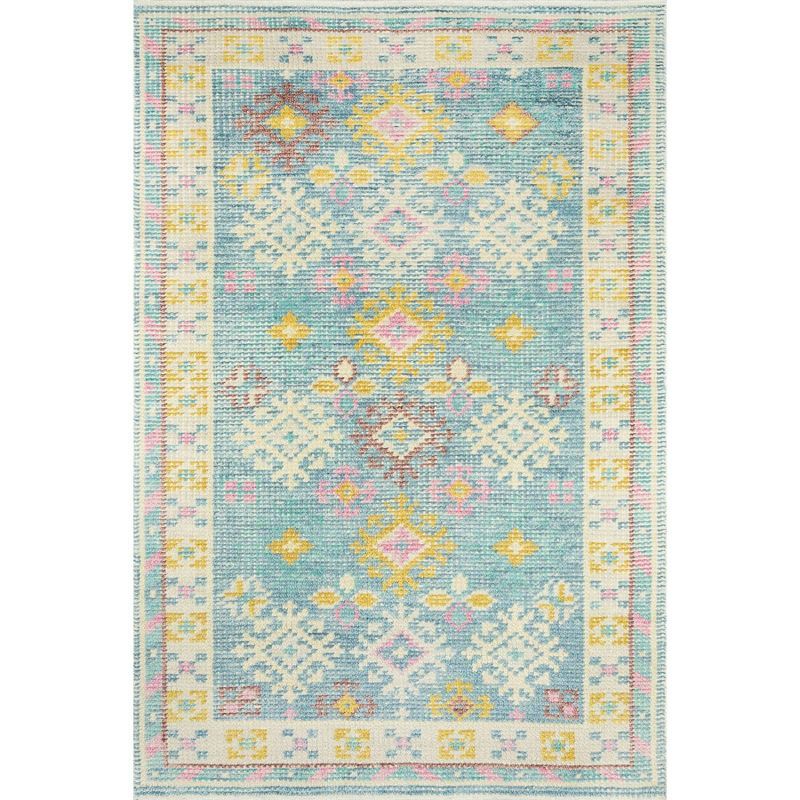 Handmade Blue and Ivory Wool Cotton Geometric Area Rug 2'x3'