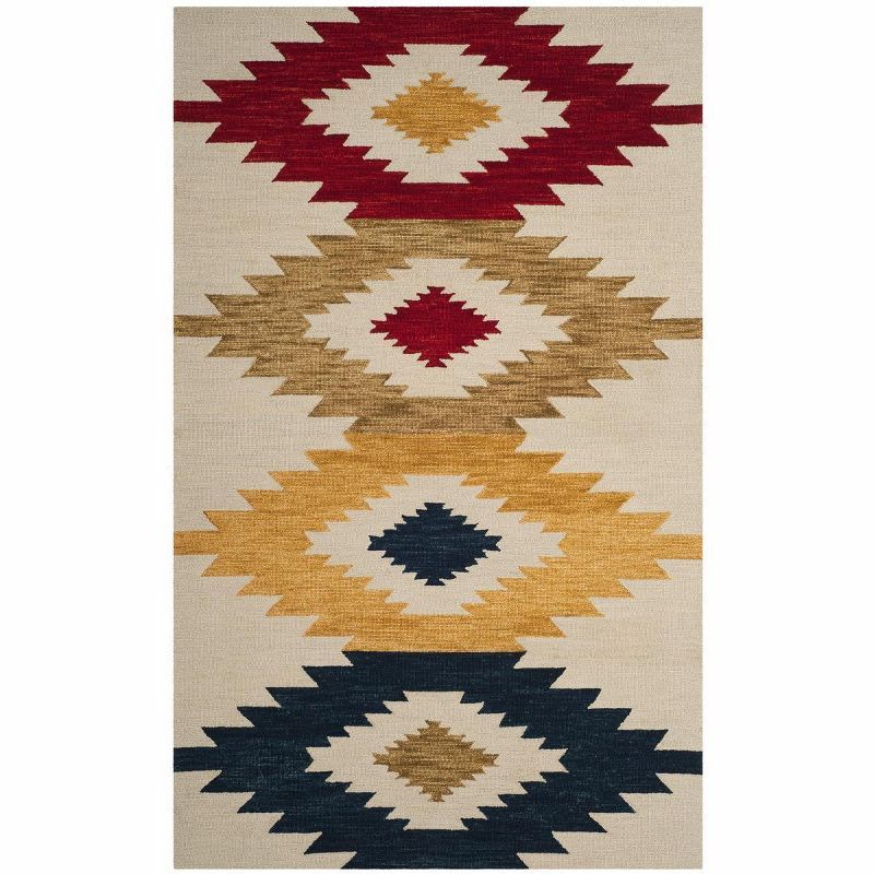 Ivory and Multicolor Geometric Wool Area Rug, 5' x 8'